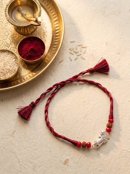 Nandi Silver Rakhi with Rudraksha - Maroon