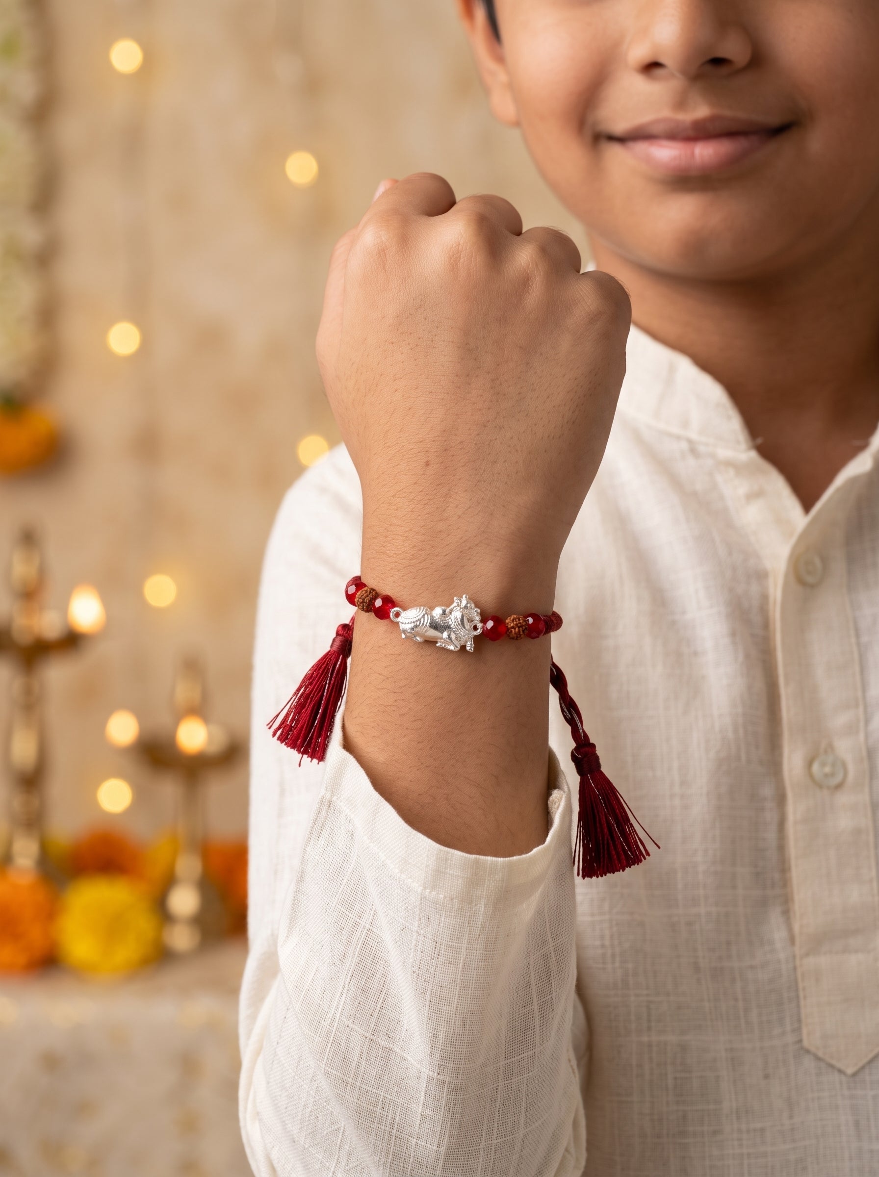 Nandi Silver Rakhi with Rudraksha - Maroon