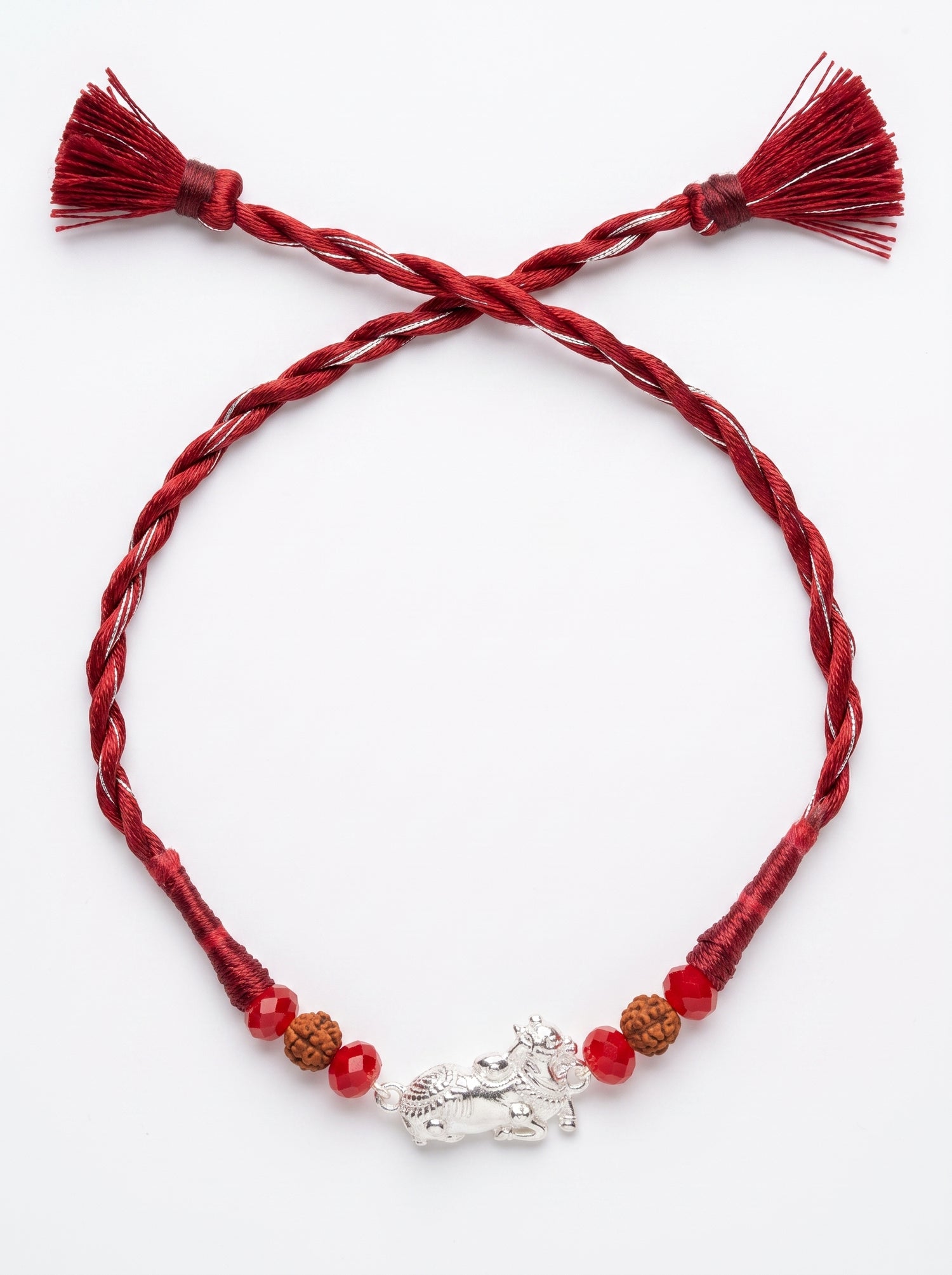 Nandi Silver Rakhi with Rudraksha - Maroon - studio product photo - Hardik Jewels