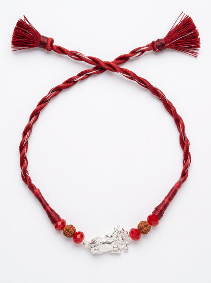 Nandi Silver Rakhi with Rudraksha - Maroon - studio product photo - Hardik Jewels