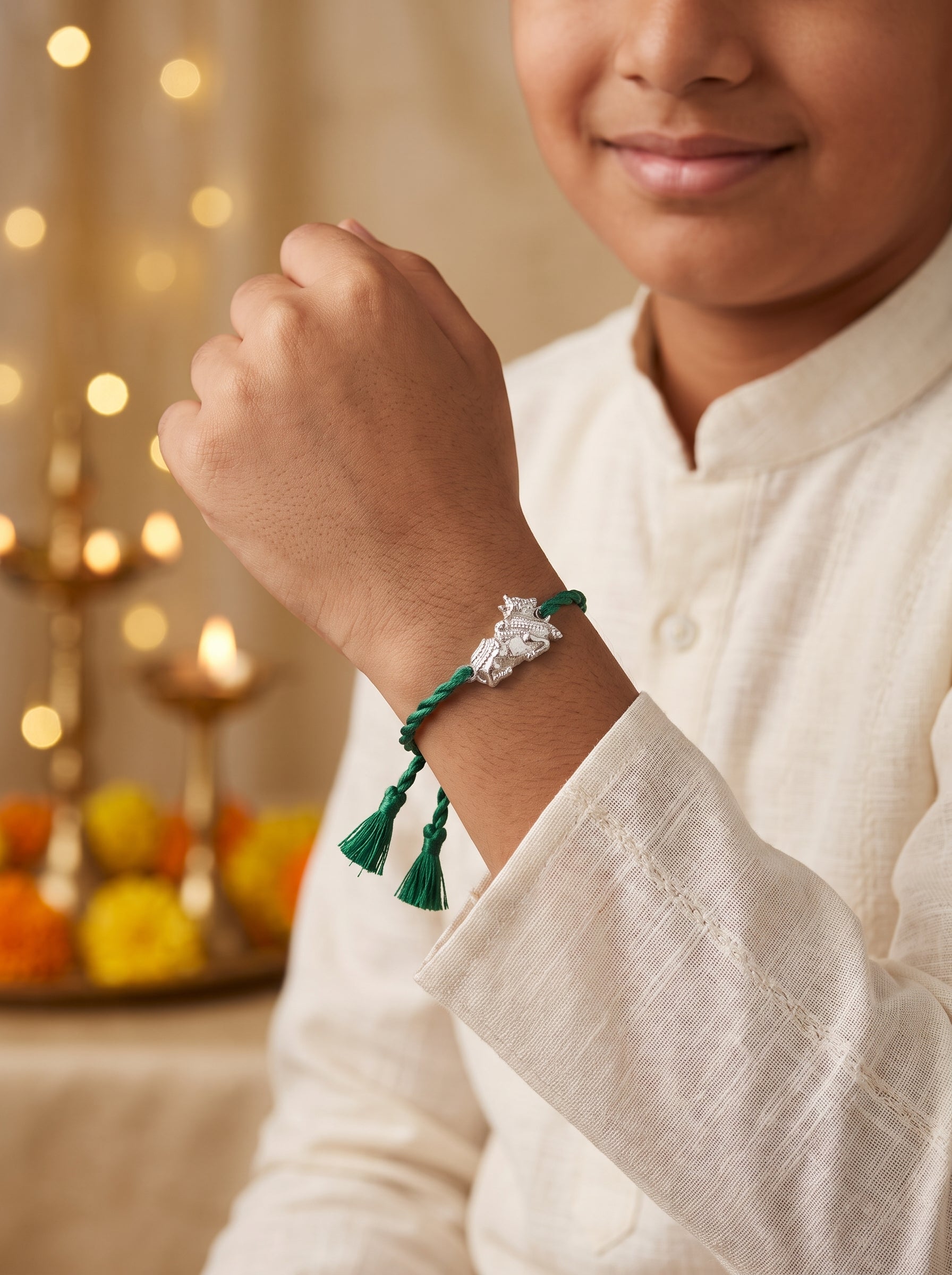 Nandi Silver Rakhi - Green Thread