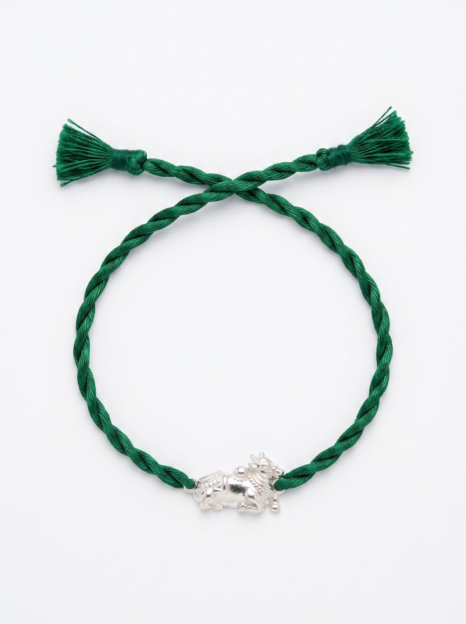 Nandi Silver Rakhi - Green Thread - studio product photo - Hardik Jewels