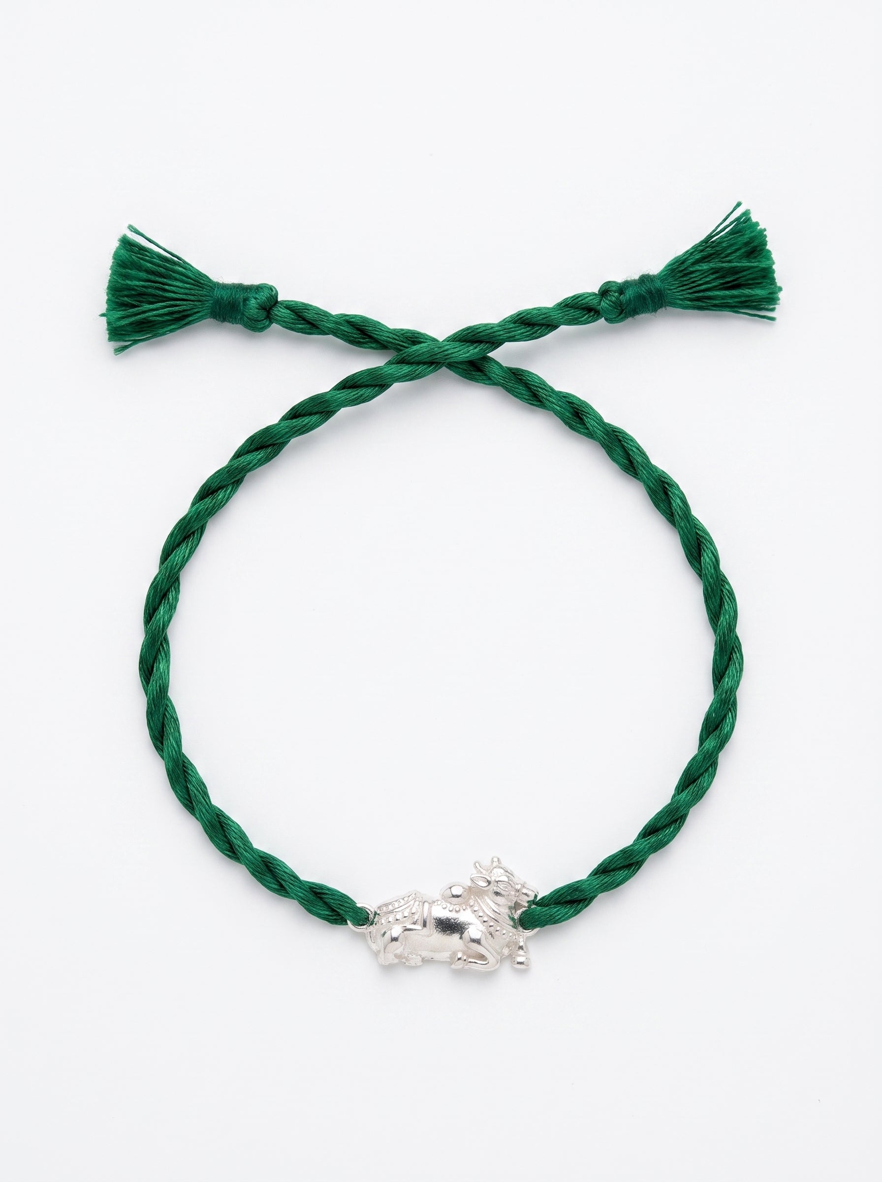 Nandi Silver Rakhi - Green Thread - studio product photo - Hardik Jewels