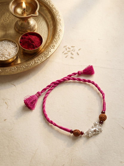 Nandi Silver Rakhi with Rudraksha - Pink