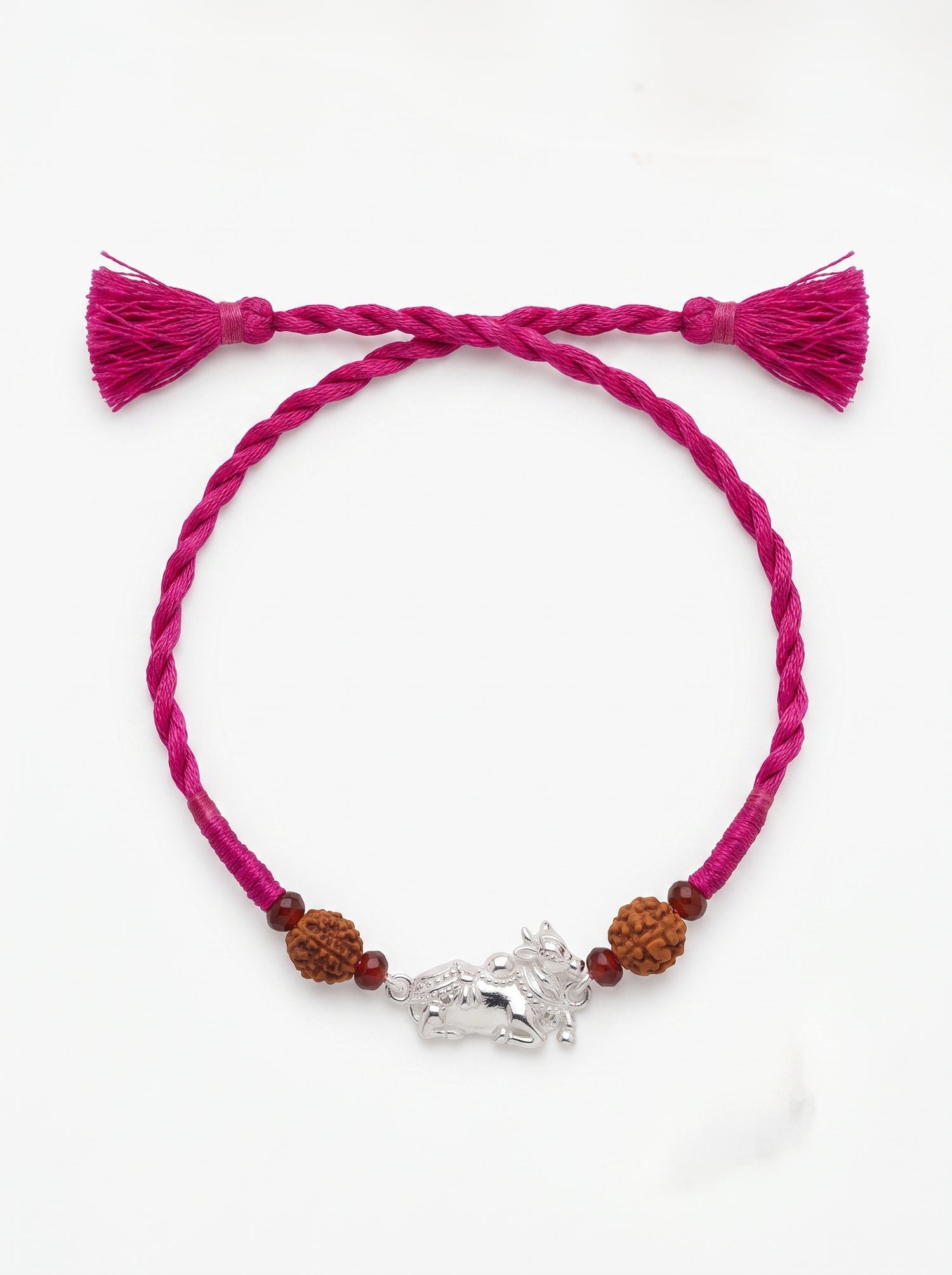 Nandi Silver Rakhi with Rudraksha - Pink - studio product photo - Hardik Jewels