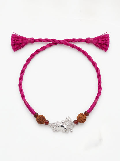 Nandi Silver Rakhi with Rudraksha - Pink - studio product photo - Hardik Jewels