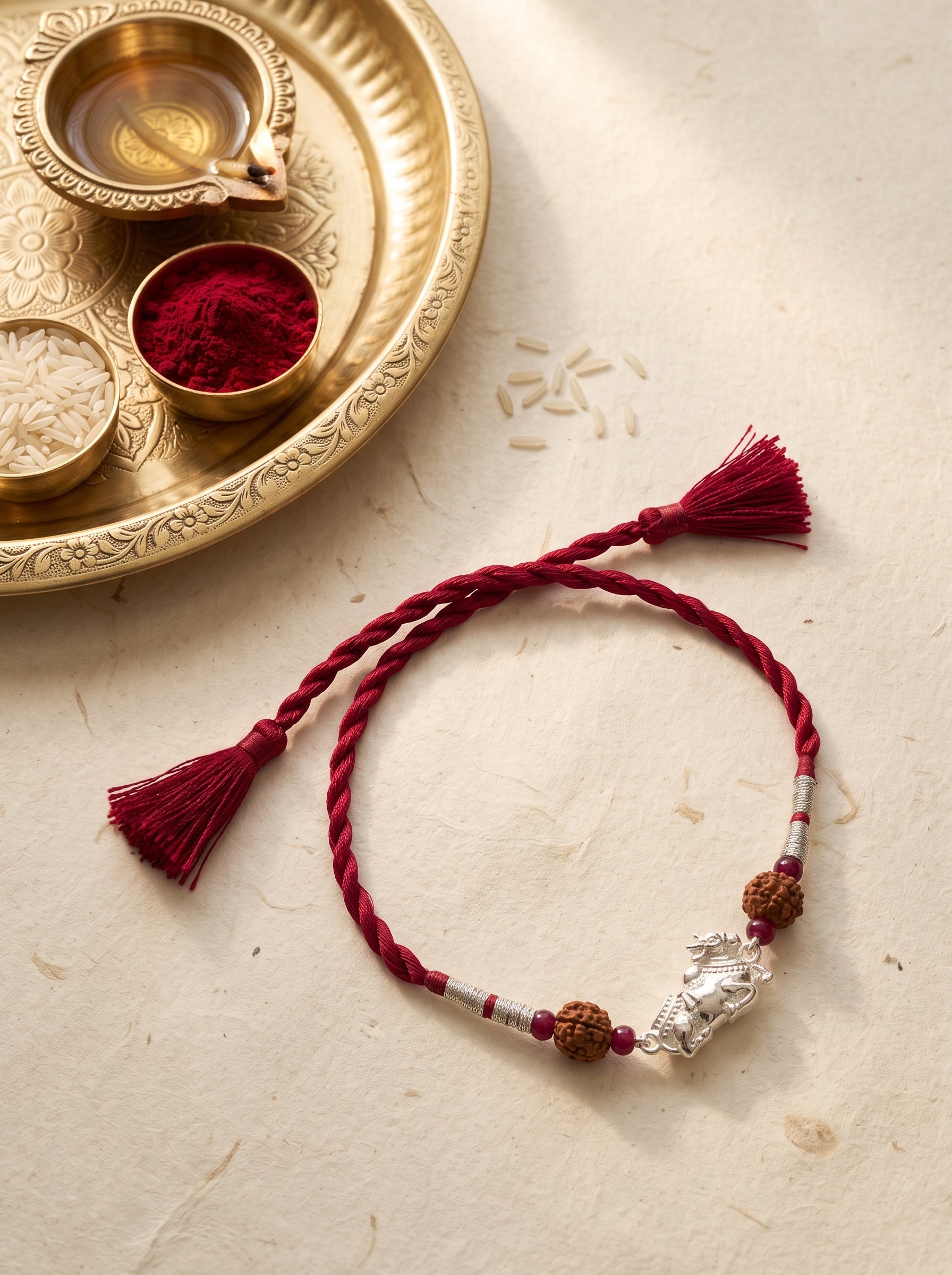 Nandi Silver Rakhi with Rudraksha - Red
