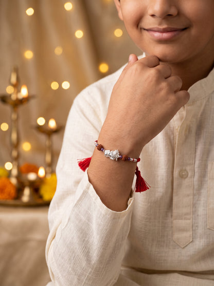 Nandi Silver Rakhi with Rudraksha - Red