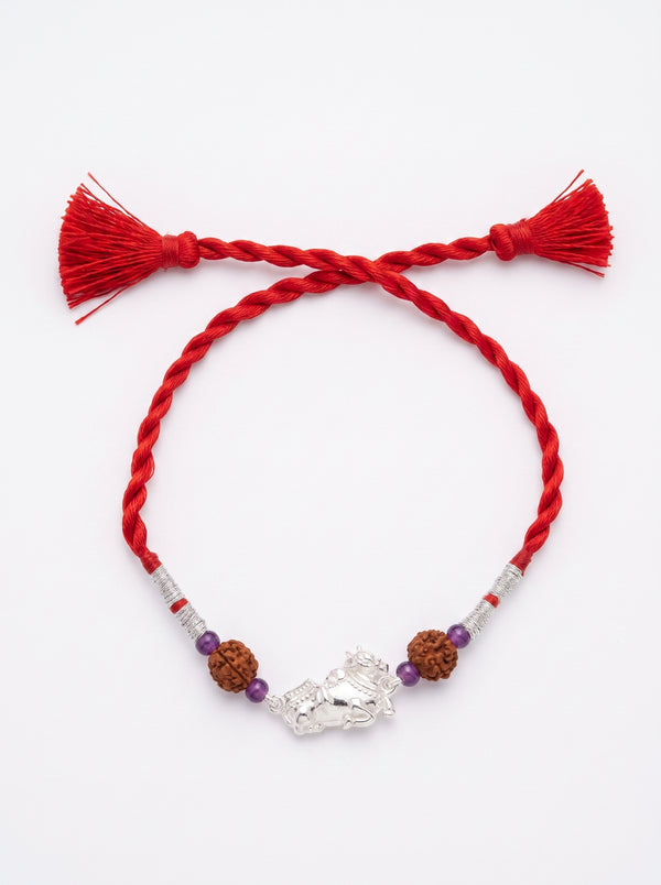 Nandi Silver Rakhi with Rudraksha - Red