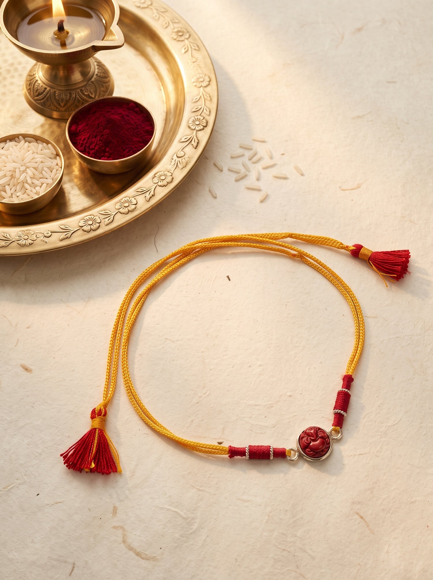 Red Coral Ganesh Ji Silver Rakhi - Yellow