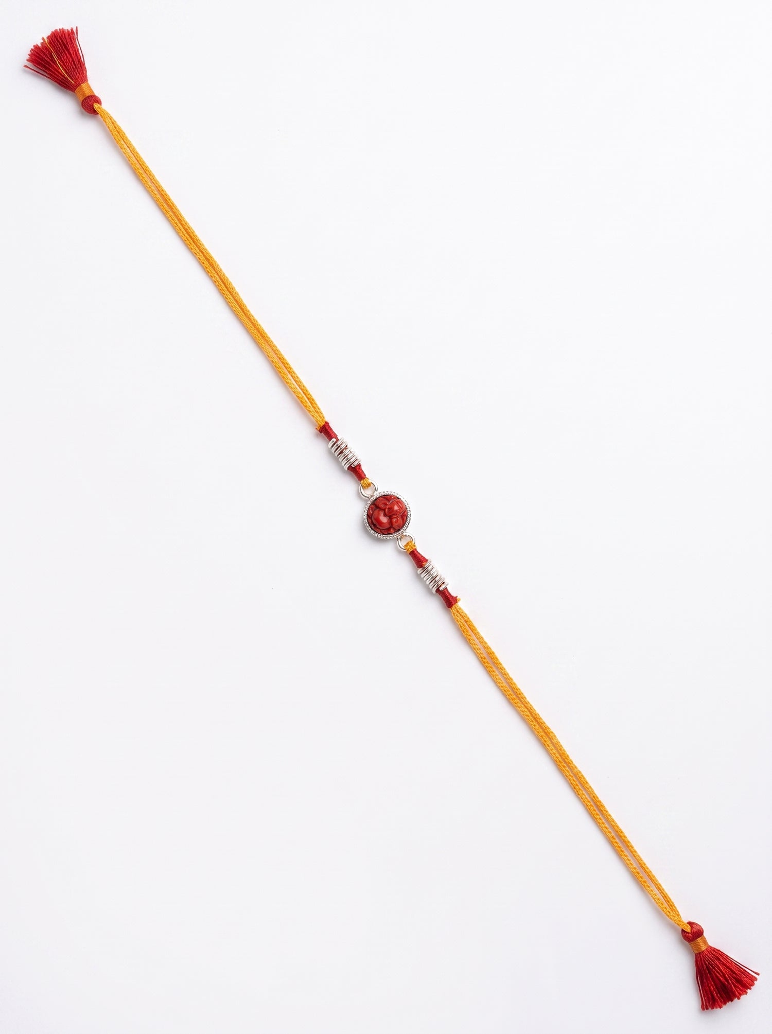 Red Coral Ganesh Ji Silver Rakhi - Yellow