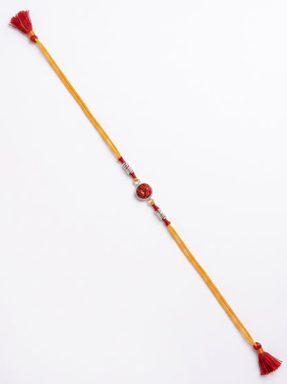 Red Coral Ganesh Ji Silver Rakhi - Yellow