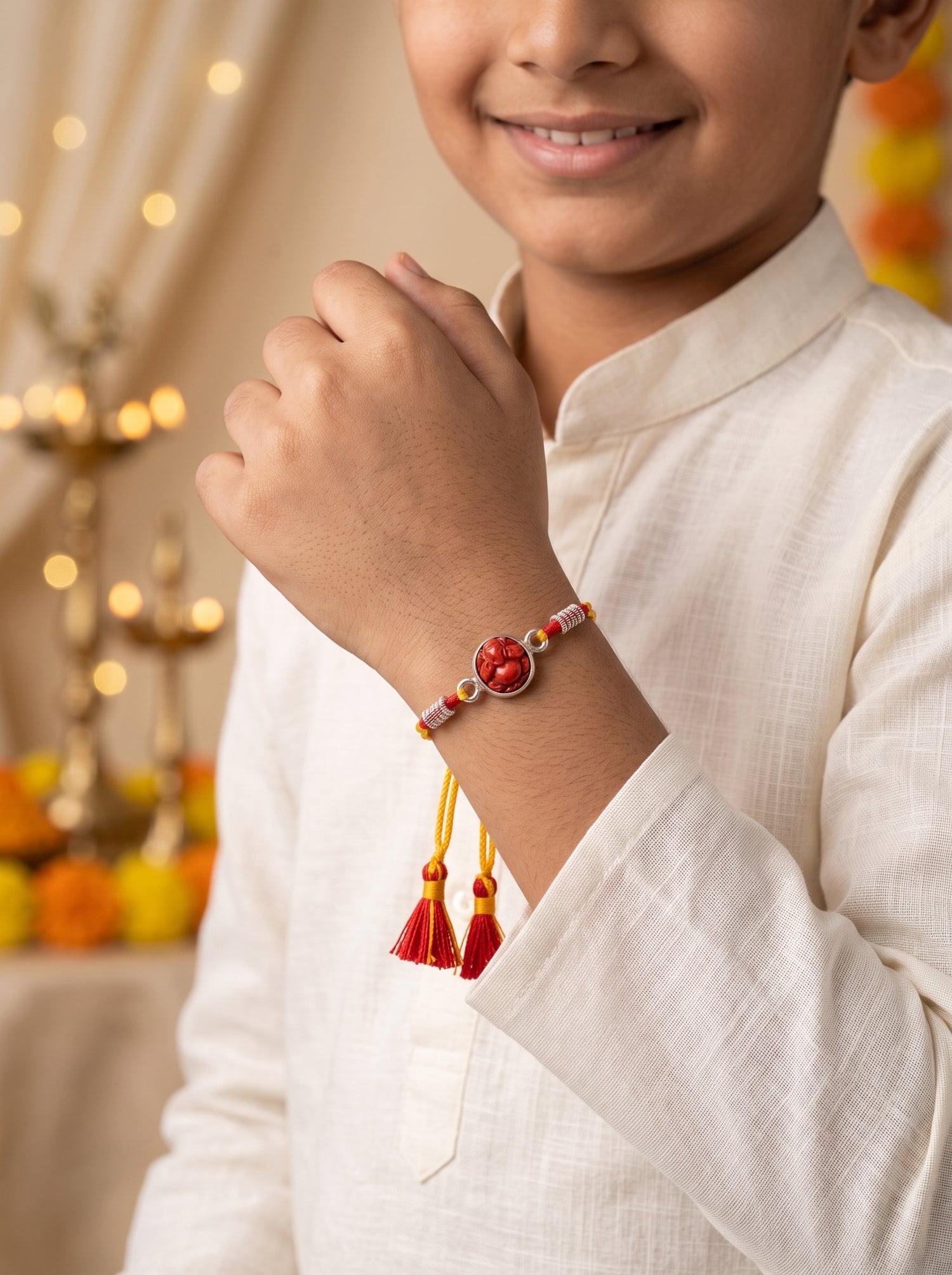 Red Coral Ganesh Ji Silver Rakhi - Yellow