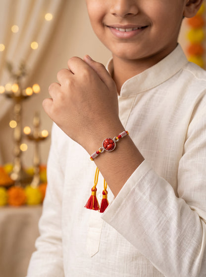 Red Coral Ganesh Ji Silver Rakhi - Yellow