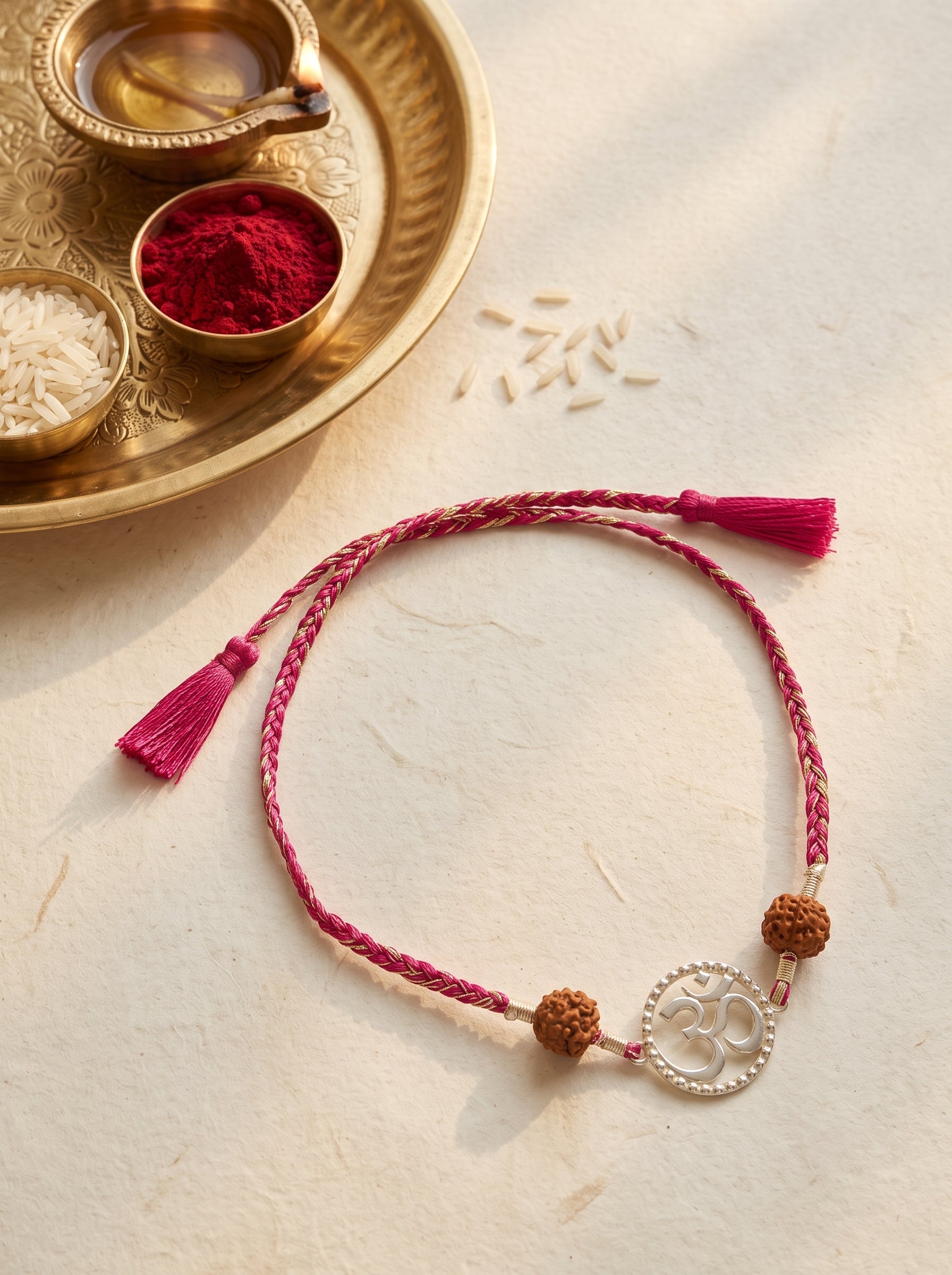 Om Silver Rakhi with Rudraksha - Pink