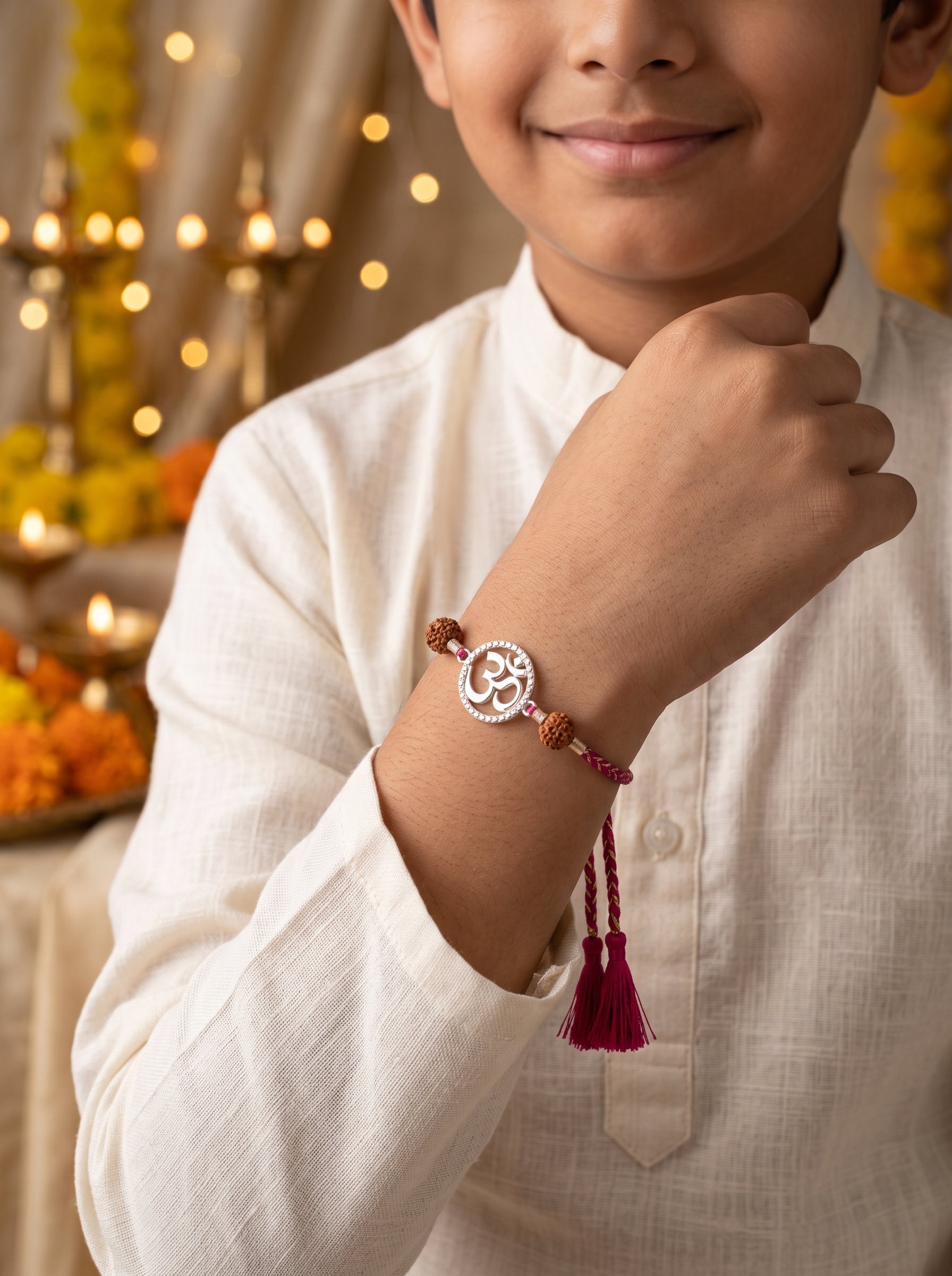 Om Silver Rakhi with Rudraksha - Pink