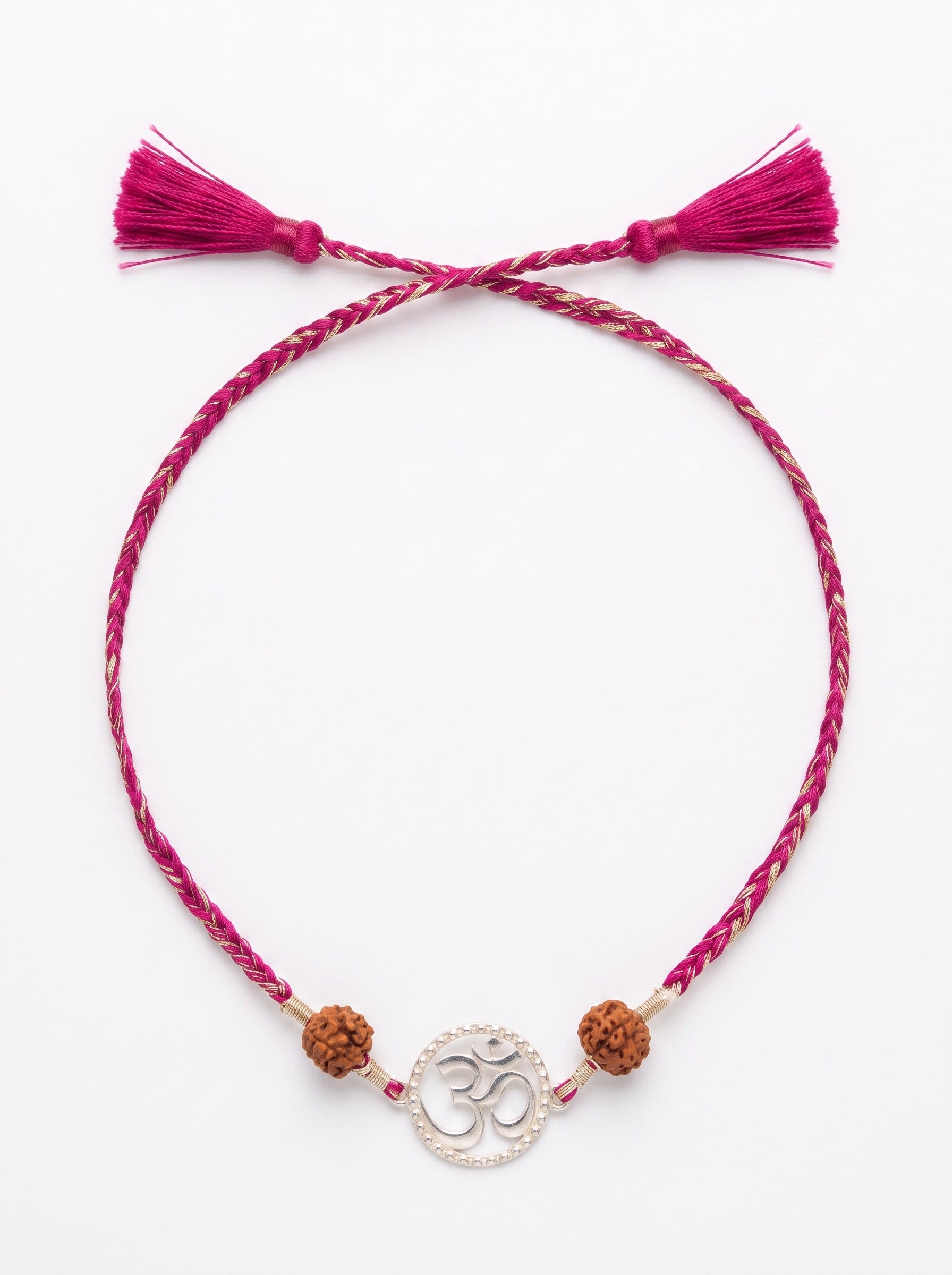 Om Silver Rakhi with Rudraksha - Pink - studio product photo - Hardik Jewels
