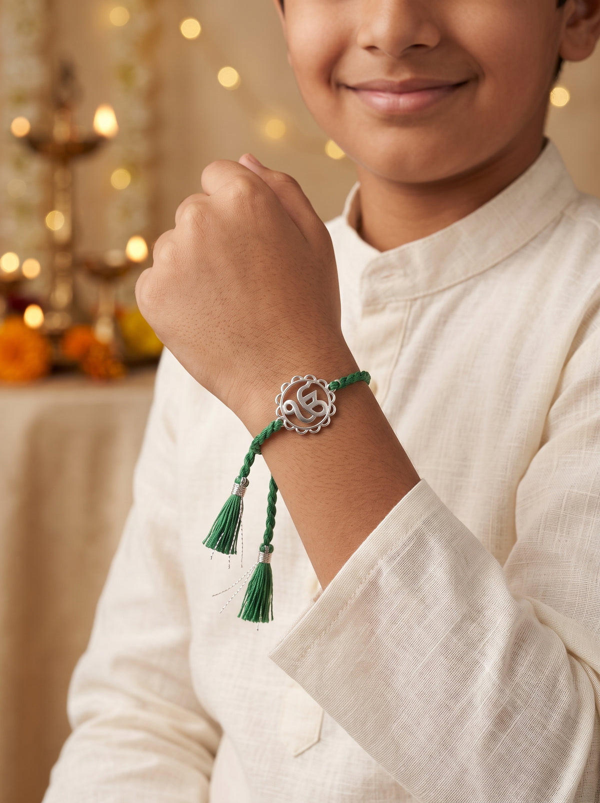 Ik Onkar Silver Rakhi - Green Thread