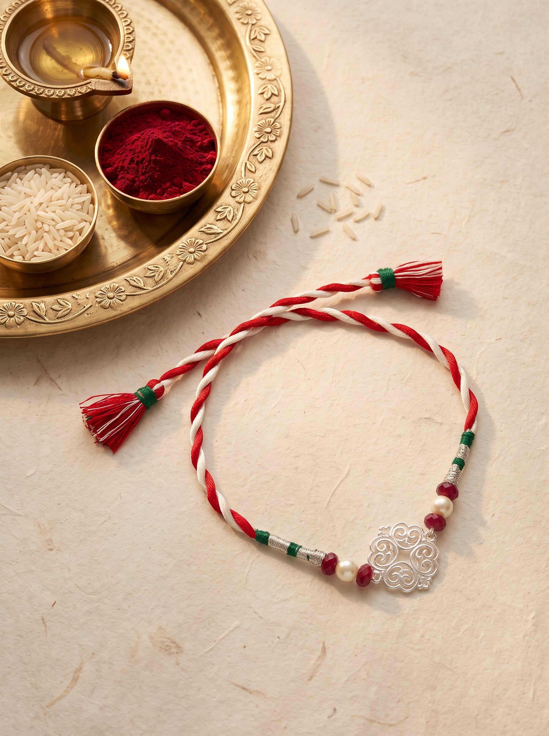 Ik Onkar Silver Rakhi with Beads - Red White