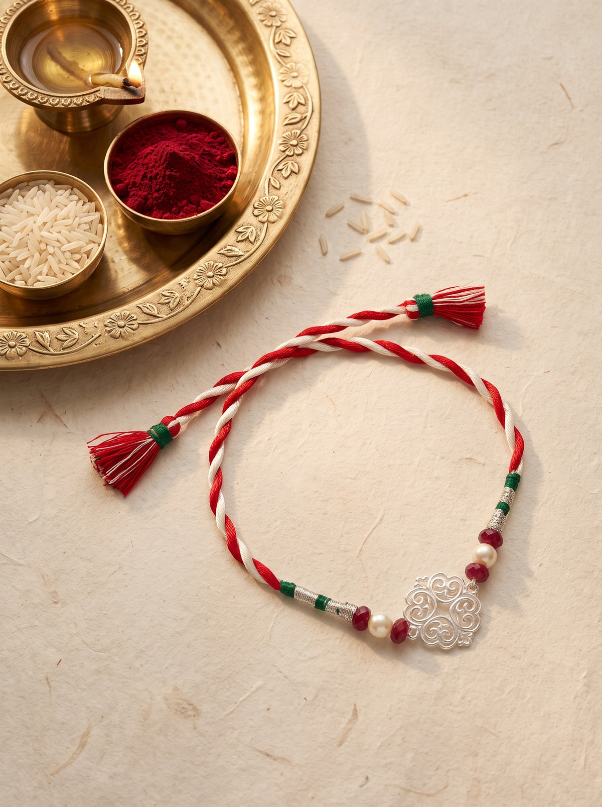 Ik Onkar Silver Rakhi with Beads - Red White