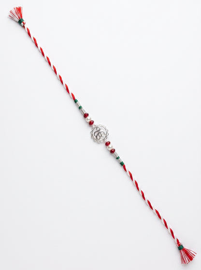 Ik Onkar Silver Rakhi with Beads - Red White