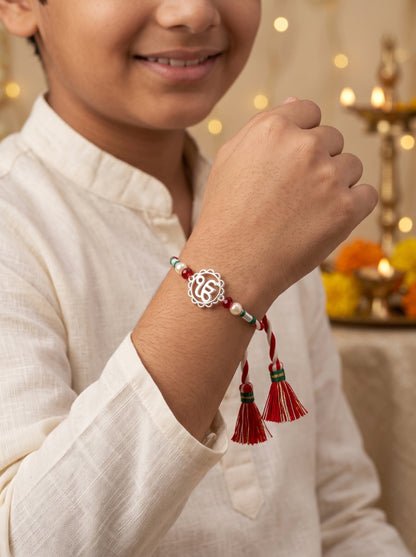 Ik Onkar Silver Rakhi with Beads - Red White