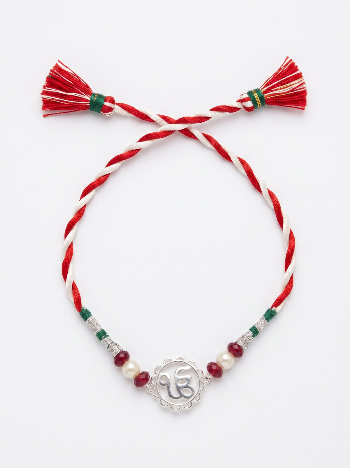 Ik Onkar Silver Rakhi with Beads - Red White - studio product photo - Hardik Jewels