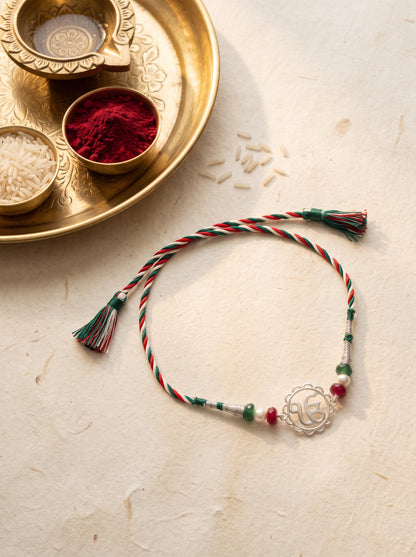 Ik Onkar Silver Rakhi with Beads - Tricolour