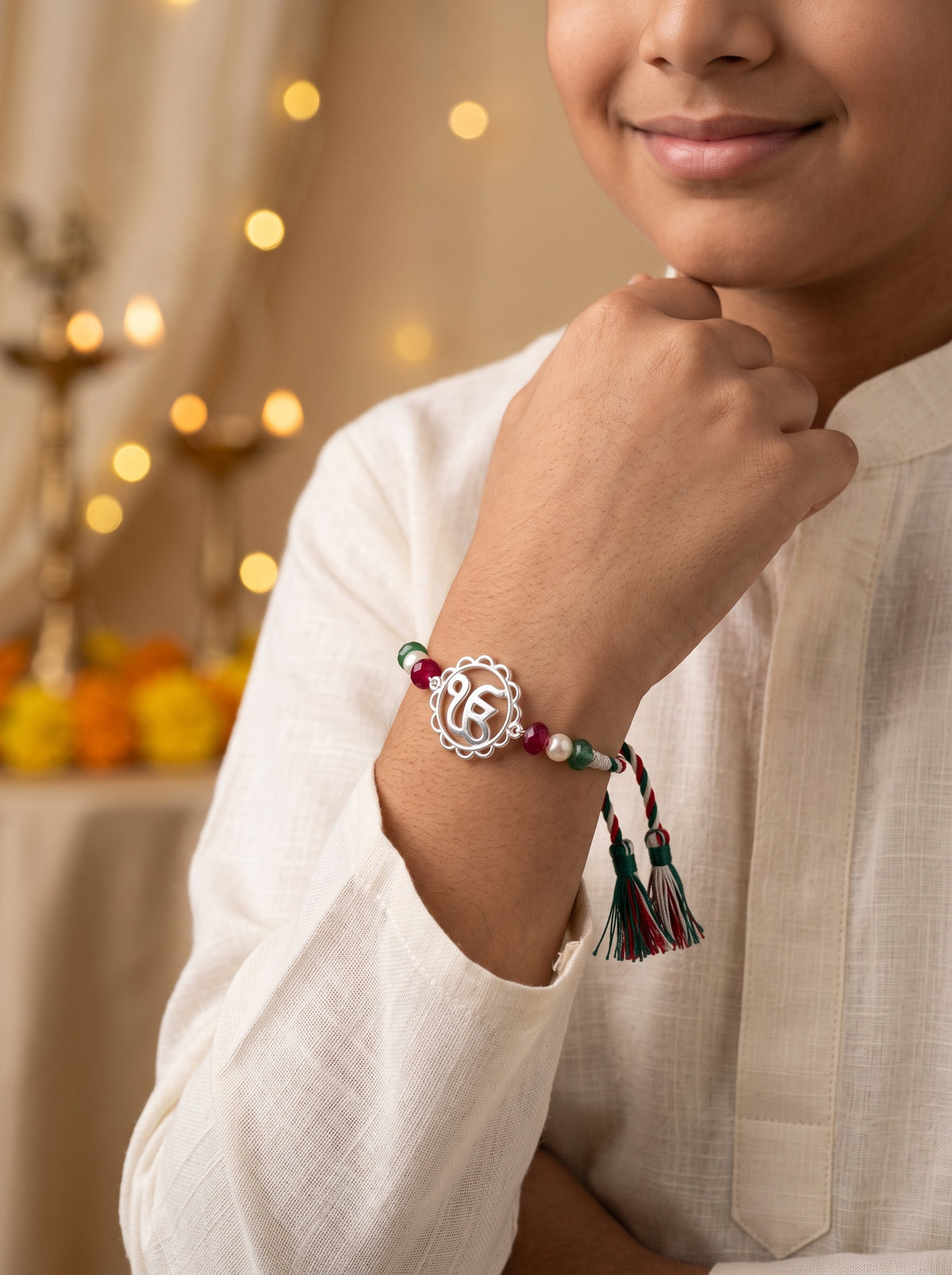 Ik Onkar Silver Rakhi with Beads - Tricolour