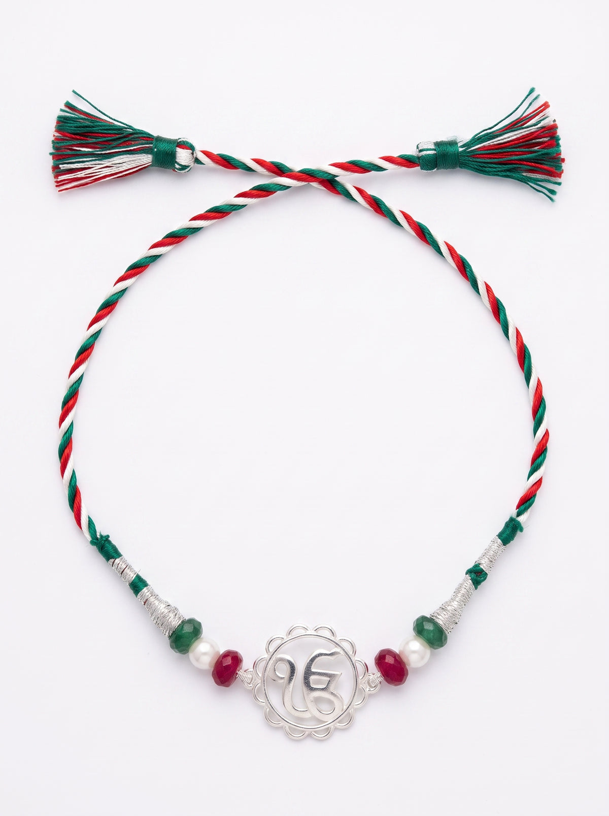 Ik Onkar Silver Rakhi with Beads - Tricolour - studio product photo - Hardik Jewels