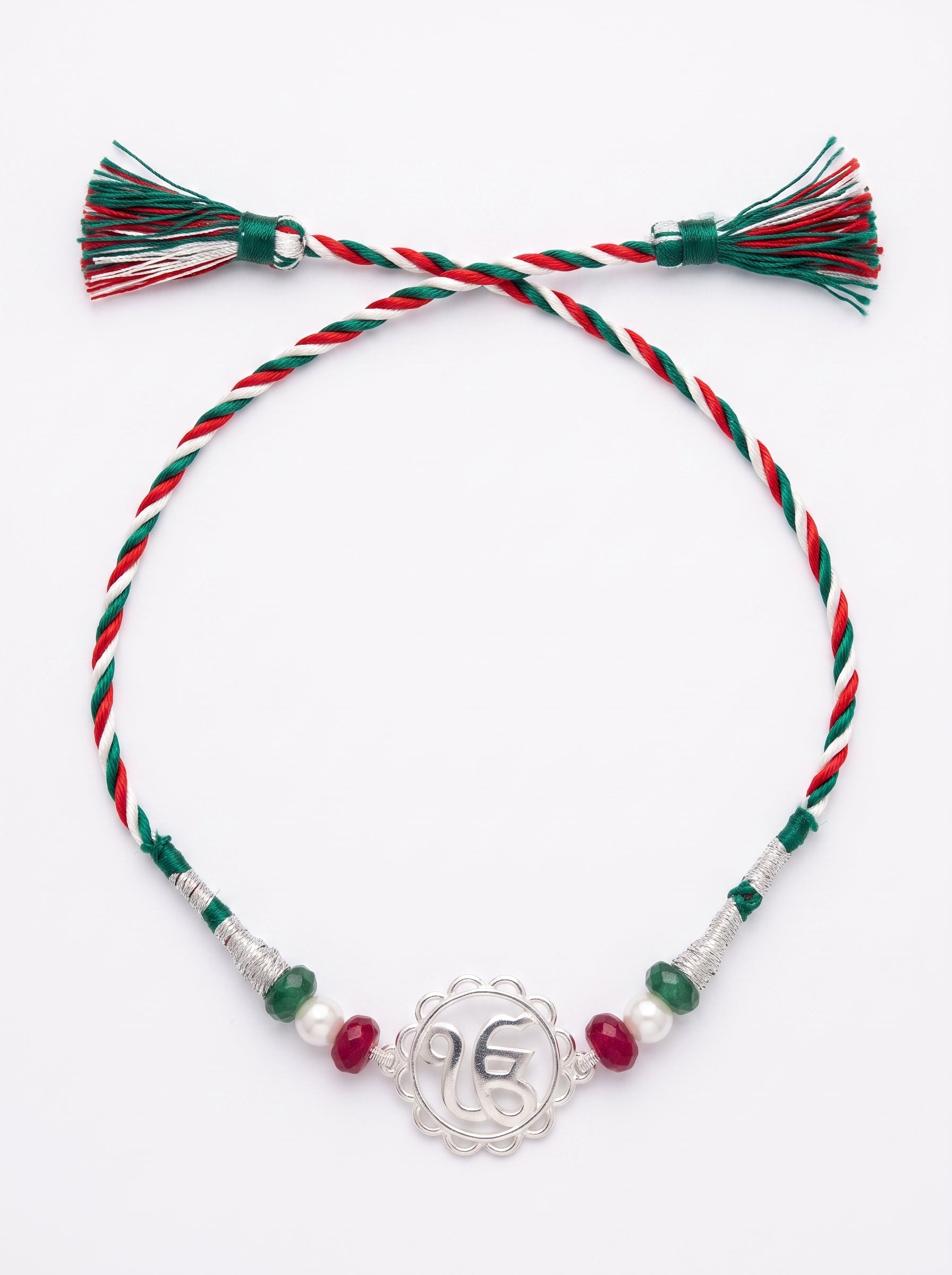 Ik Onkar Silver Rakhi with Beads - Tricolour - studio product photo - Hardik Jewels
