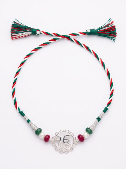 Ik Onkar Silver Rakhi with Beads - Tricolour - studio product photo - Hardik Jewels