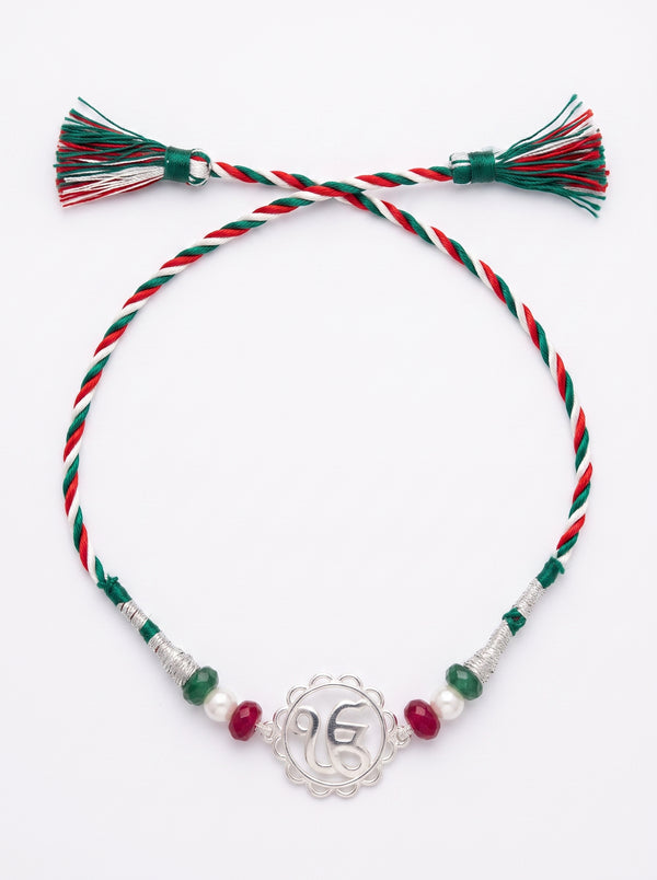 Ik Onkar Silver Rakhi with Beads - Tricolour