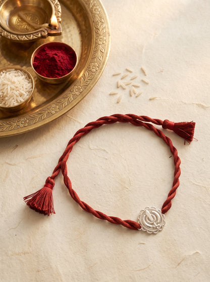 Khanda Silver Rakhi - Maroon Double Dori
