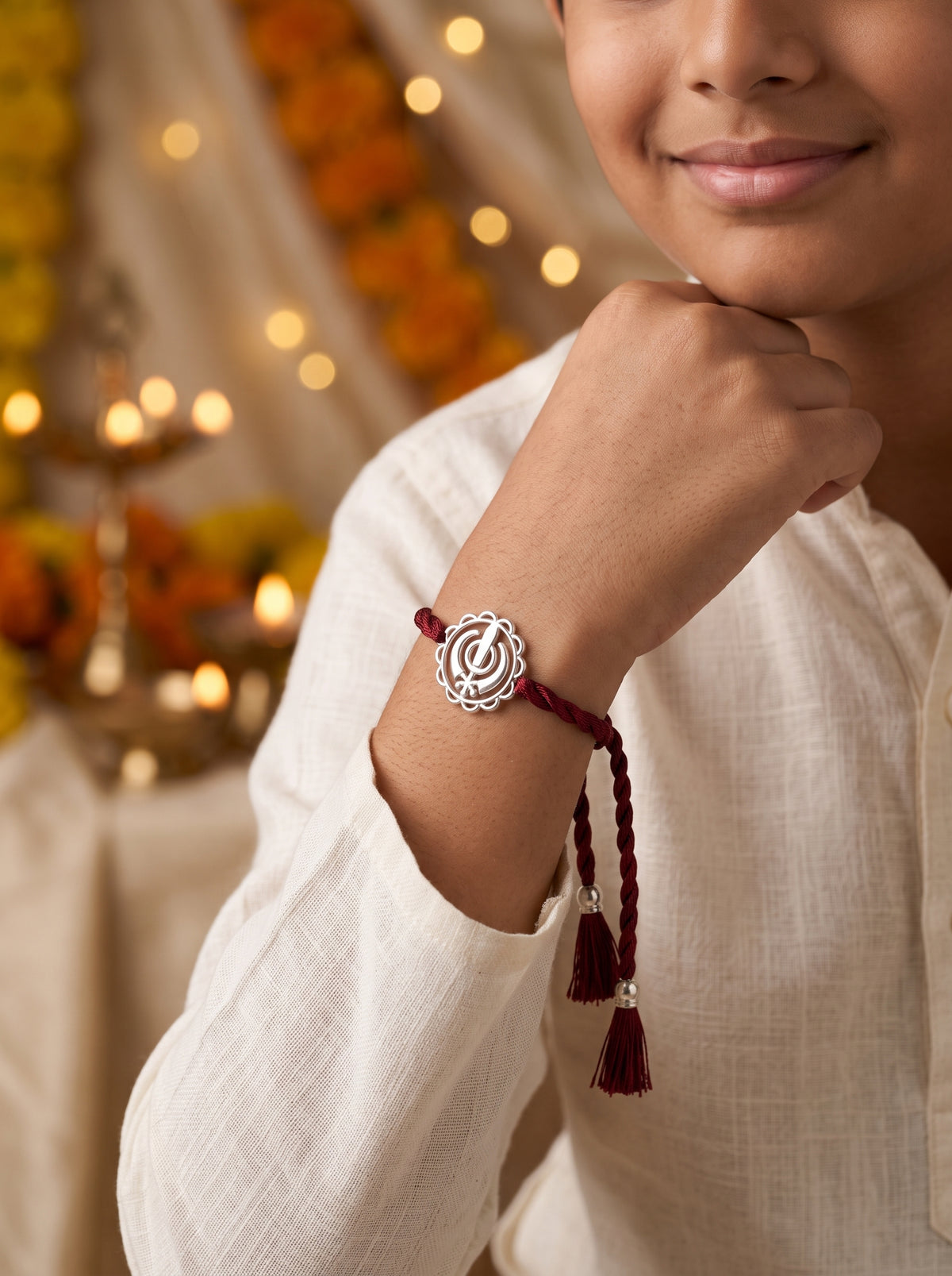 Khanda Silver Rakhi - Maroon Double Dori