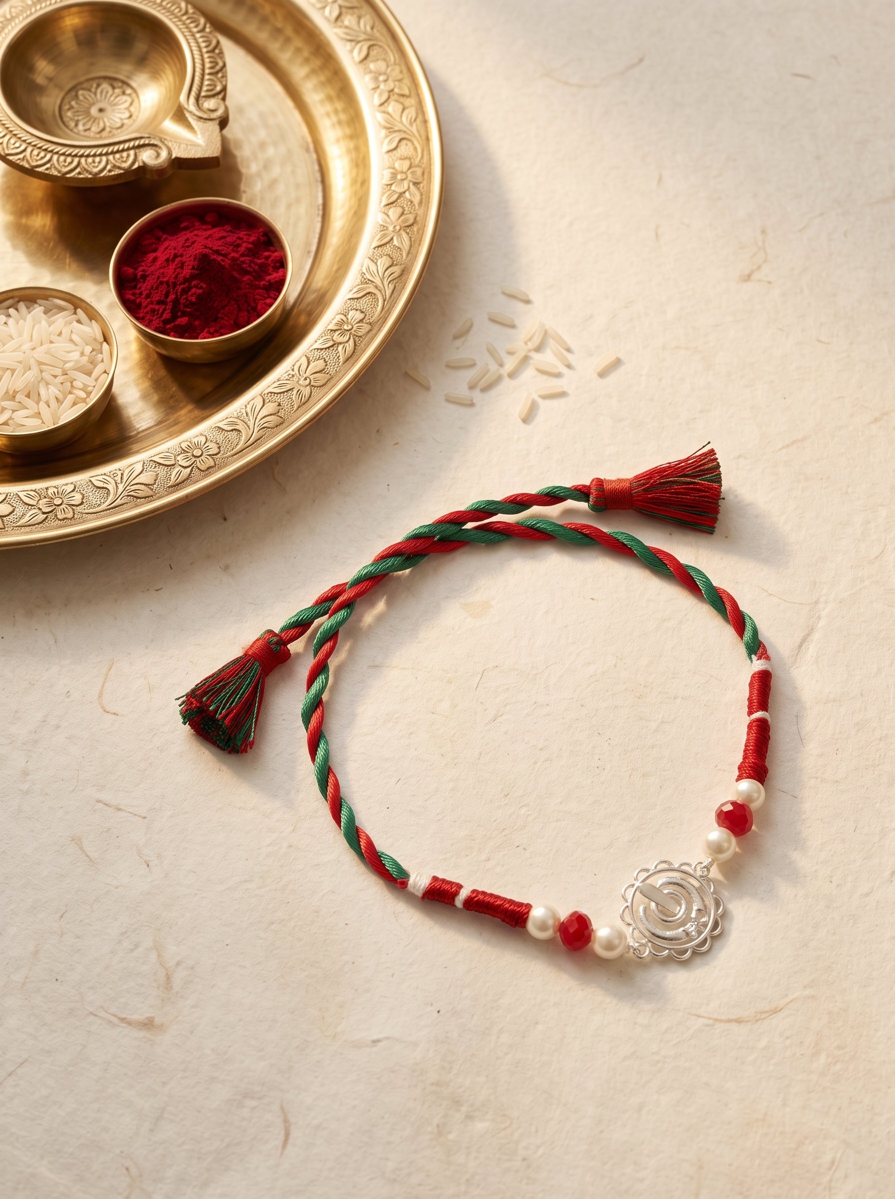 Khanda Silver Rakhi with Pearls - Tricolour