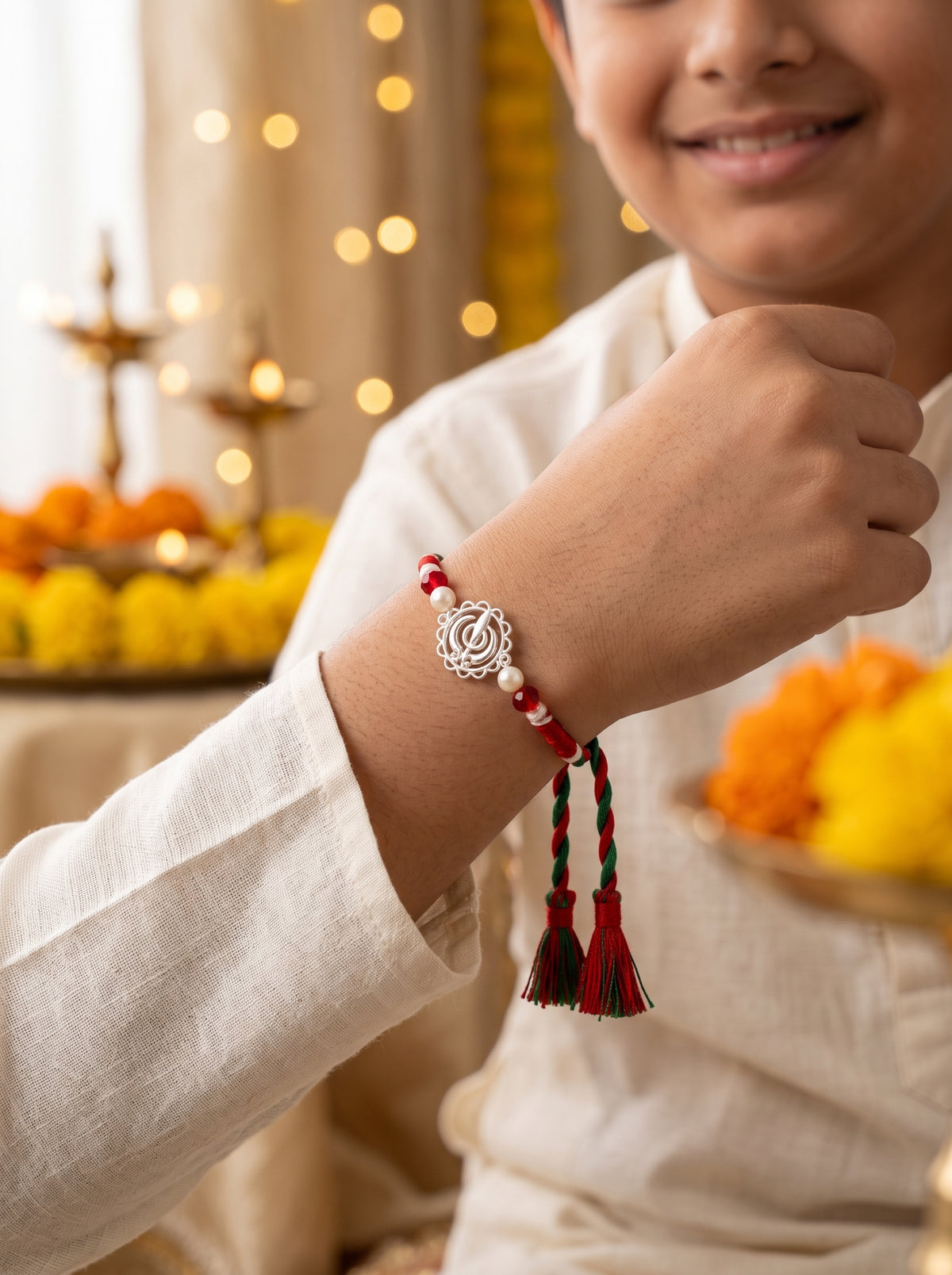 Khanda Silver Rakhi with Pearls - Tricolour