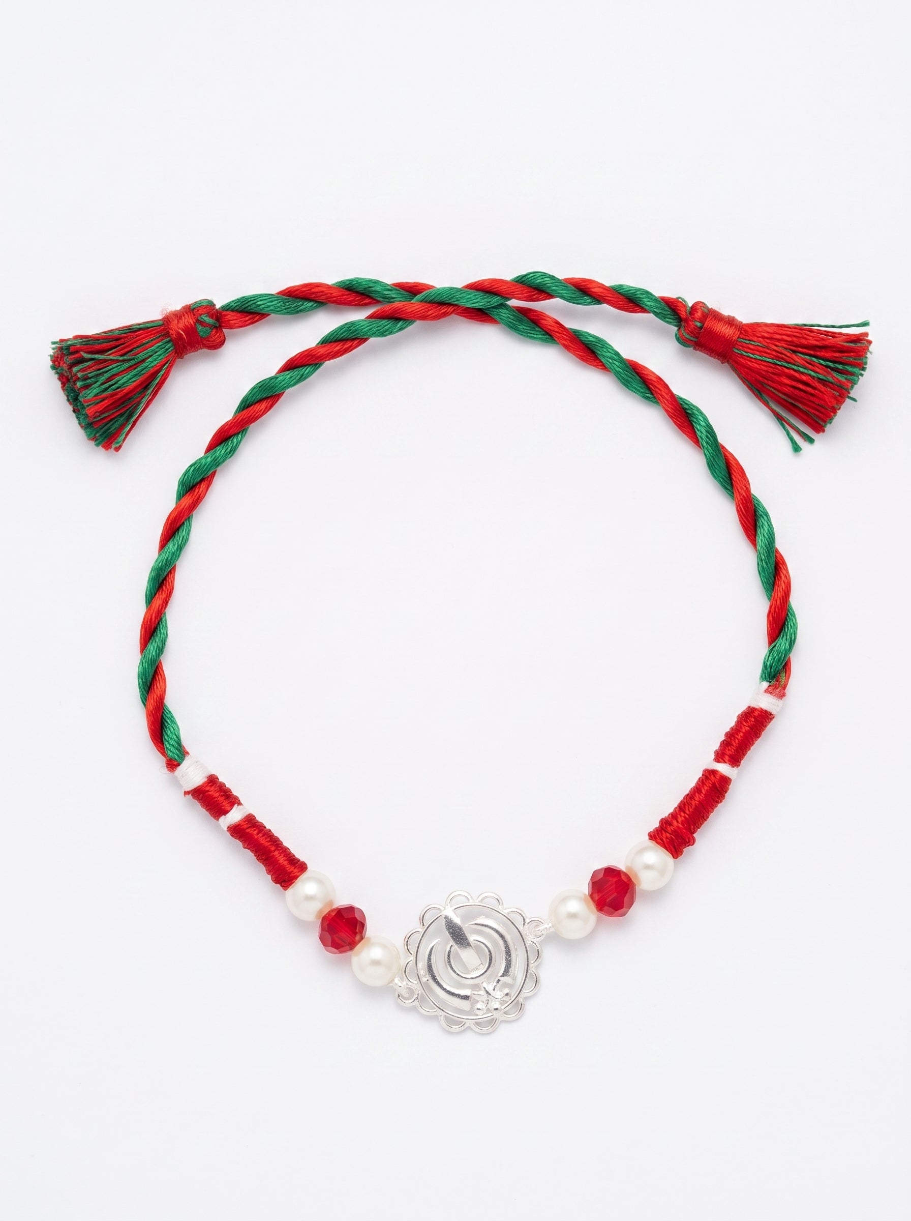 Khanda Silver Rakhi with Pearls - Tricolour - studio product photo - Hardik Jewels