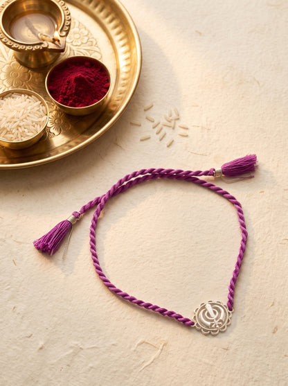Khanda Silver Rakhi - Purple Thread