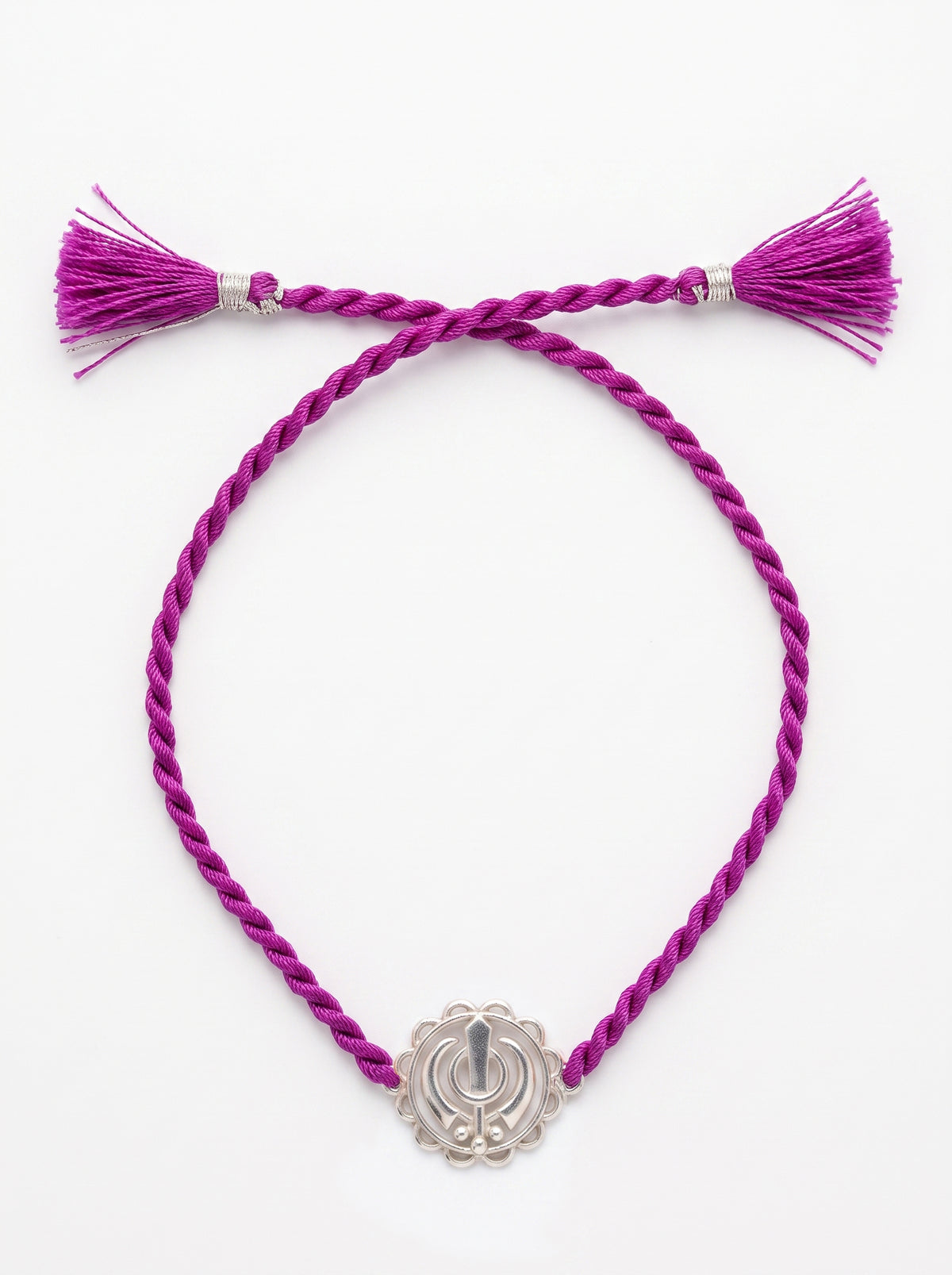 Khanda Silver Rakhi - Purple Thread - studio product photo - Hardik Jewels