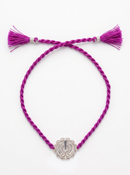 Khanda Silver Rakhi - Purple Thread - studio product photo - Hardik Jewels