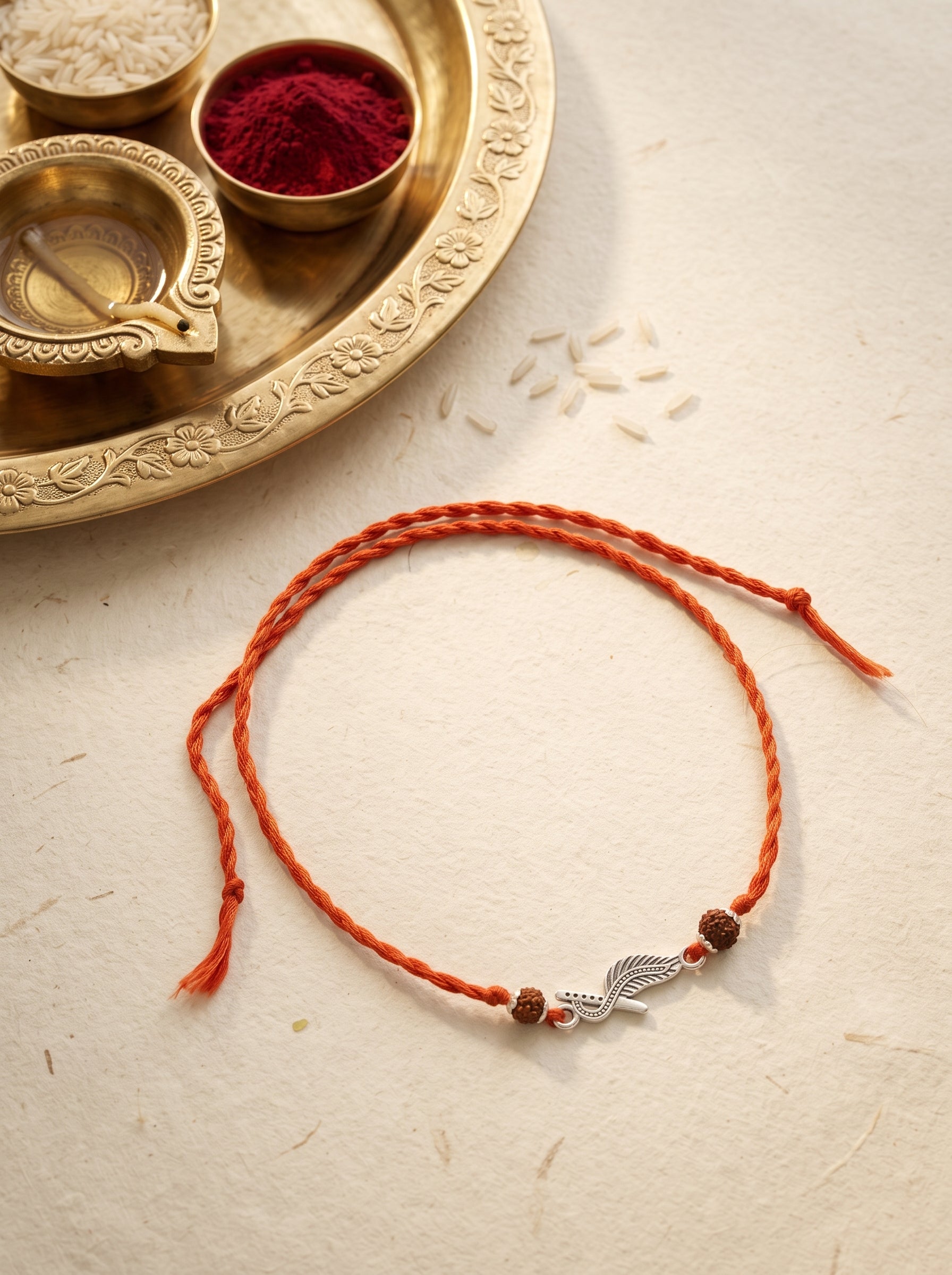 Mor Pankh Silver Rakhi with Rudraksha - Red