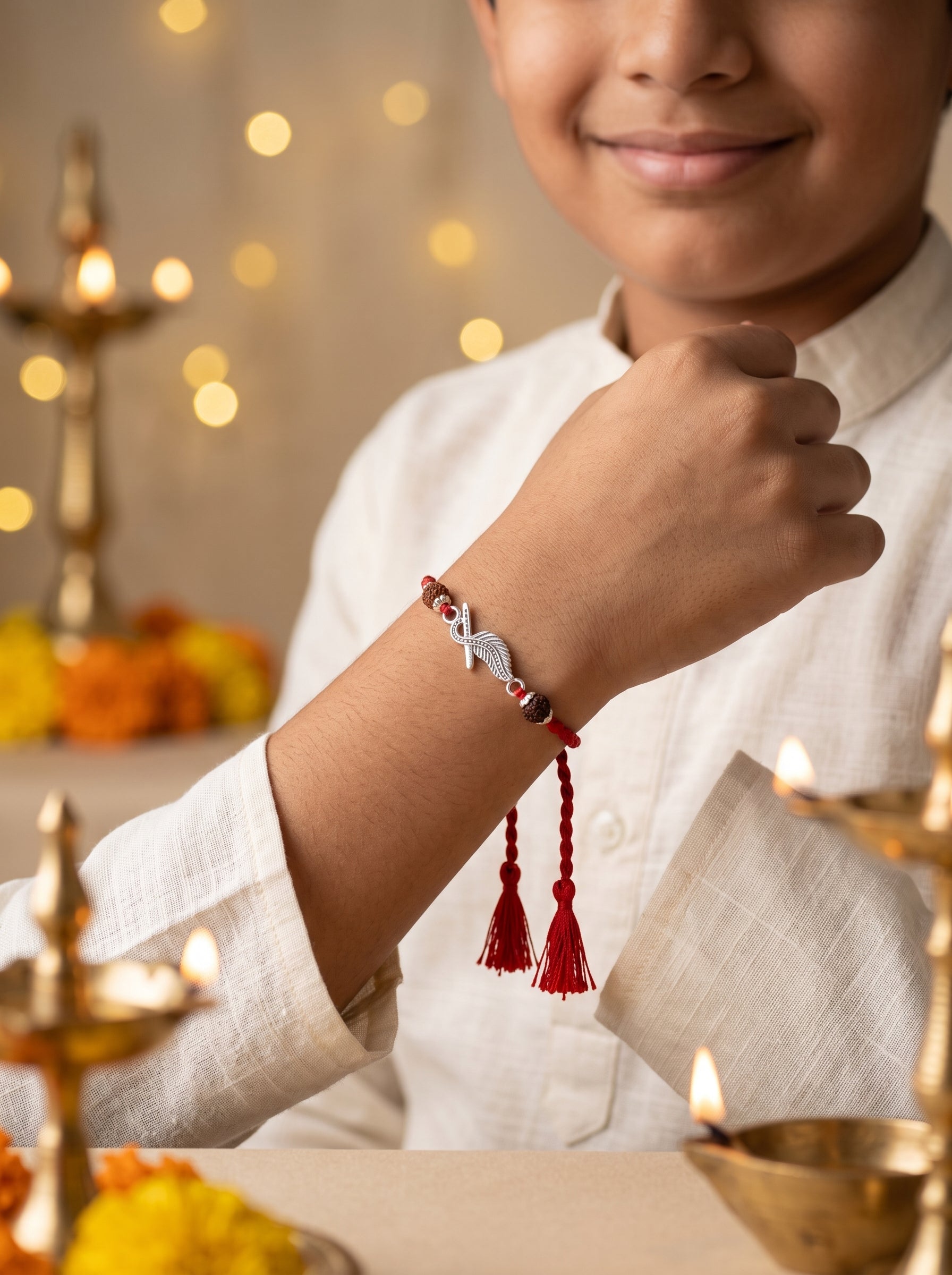 Mor Pankh Silver Rakhi with Rudraksha - Red