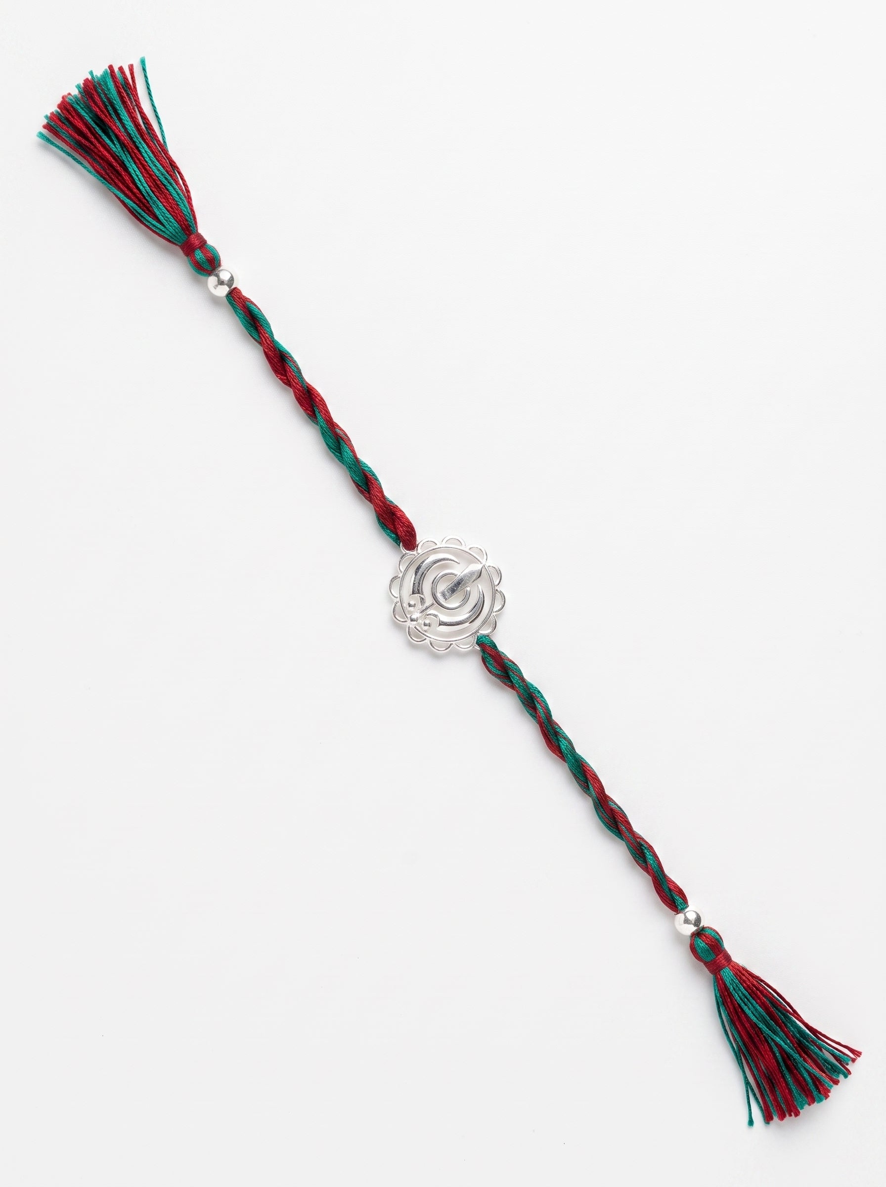 Khanda Silver Rakhi - Red Green Thread