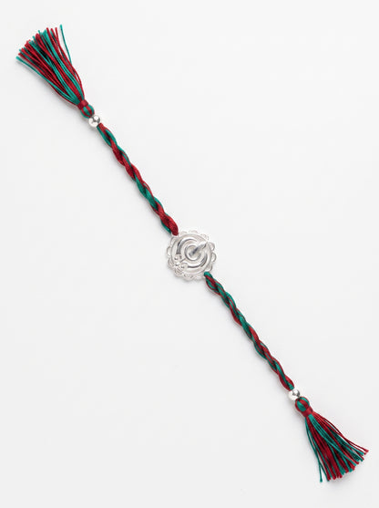 Khanda Silver Rakhi - Red Green Thread