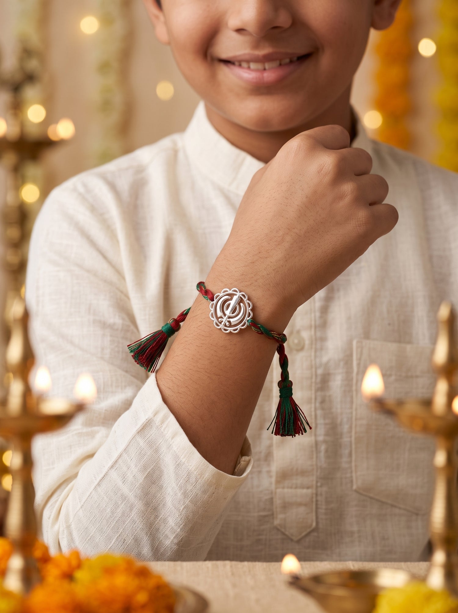 Khanda Silver Rakhi - Red Green Thread