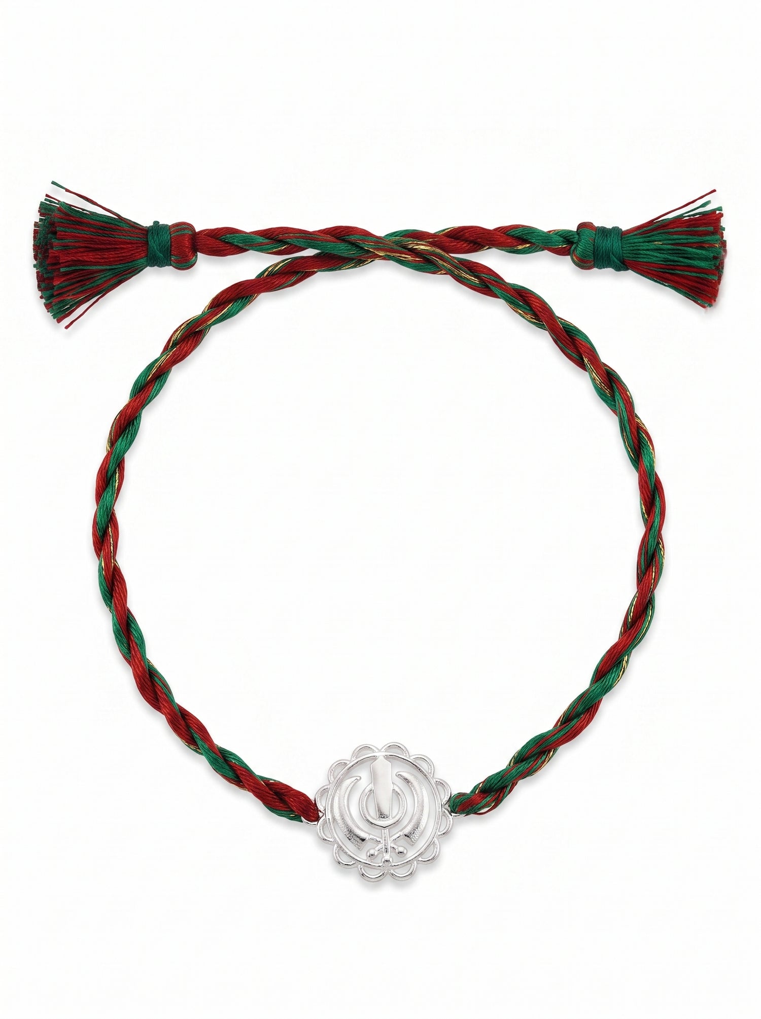 Khanda Silver Rakhi - Red Green Thread - studio product photo - Hardik Jewels
