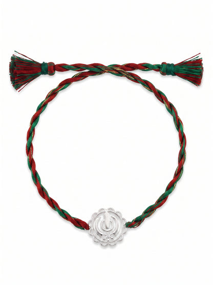 Khanda Silver Rakhi - Red Green Thread - studio product photo - Hardik Jewels