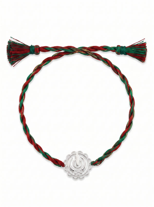 Khanda Silver Rakhi - Red Green Thread