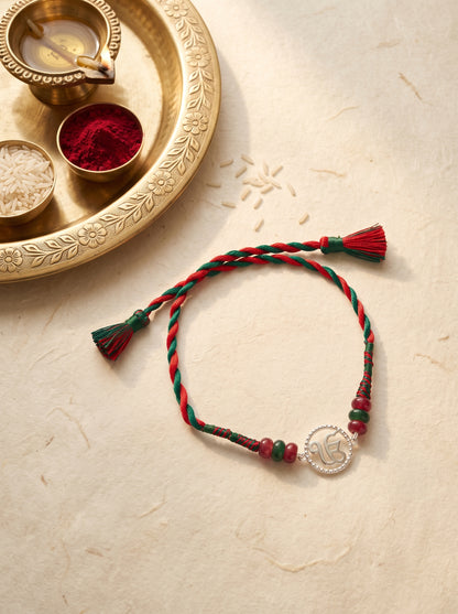 Ik Onkar Silver Rakhi with Beads - Red Green
